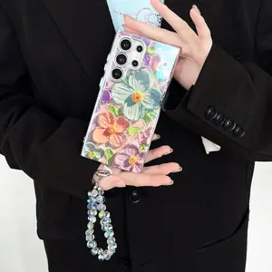 Fashion Flower Pattern Phone Case, Rhinestone Decor Lanyard Phone Protective Cover, Phone Accessories Compatible with Samsung Galaxy S22 S23 S24 S25 Ultra S26 PLUS, Decorative Phone Protector