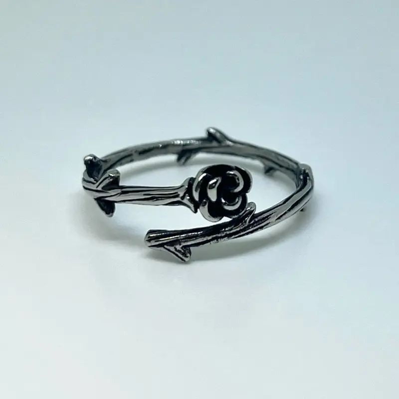 Stainless Steel Thorn Flower Ring – Silver-Tone Gothic Open Band
