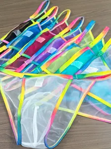 Men's Mesh Transparent Underwear Set, Soft Stylish Brief, Low Waist Sexy Breathable Lightweight Comfort, Colorful Striped Belt Design, Fashion Innerwear Combo