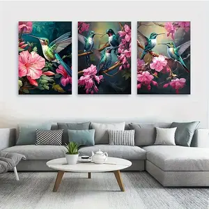 3-piece set of exquisite wooden-framed hummingbird and floral poster paintings, an ideal decorative choice for home, office, bar, pub, cafe, and fashion art collectors