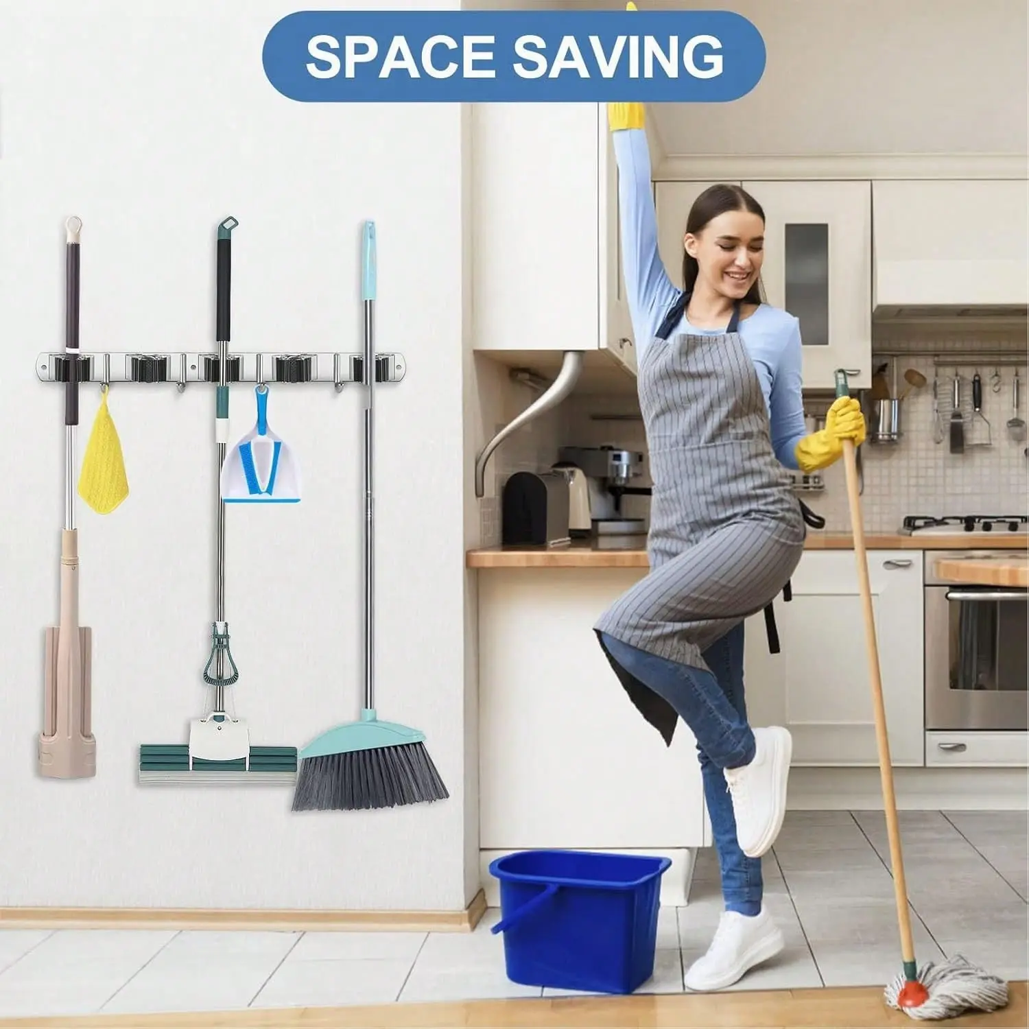 4 Racks and 4 Hooks Mop and Broom Holder Wall Mount, Broom Organizer Storage Tool Racks Stainless Steel Heavy Duty Hooks Self Adhesive Solid Non-slip for Home Kitchen Garden Laundry Garage