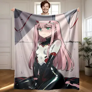 1 piece Darling in the Franxx Zero Two high-definition anime character image themed flannel blanket - Microfiber comfortable flannel sofa blanket, suitable for beds and sofas, all-season use, modern design, digitally printed pattern, 100% polyester