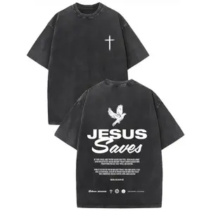 Jesus saves - double-sided, worn-out vintage washed cotton printed T-shirt, round neck short sleeves. Fashionably loose and comfortable, suitable for travel and casual wear. Great choice for holiday gifts!