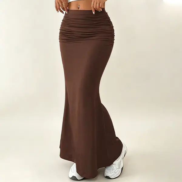 Women's Brown Polyester High-Waist Ruched Mermaid Maxi Skirt - Stretchy Bodycon Flared Floor-Length, All-Season Casual Streetwear Bottoms