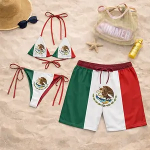 Matching Mexican Flag Couples Swimwear | His and Hers Swimsuit Set | Mexico Vacation Beachwear | Patriotic Bikini & Swim Trunks Shorts Matching Couple Swimwear Set