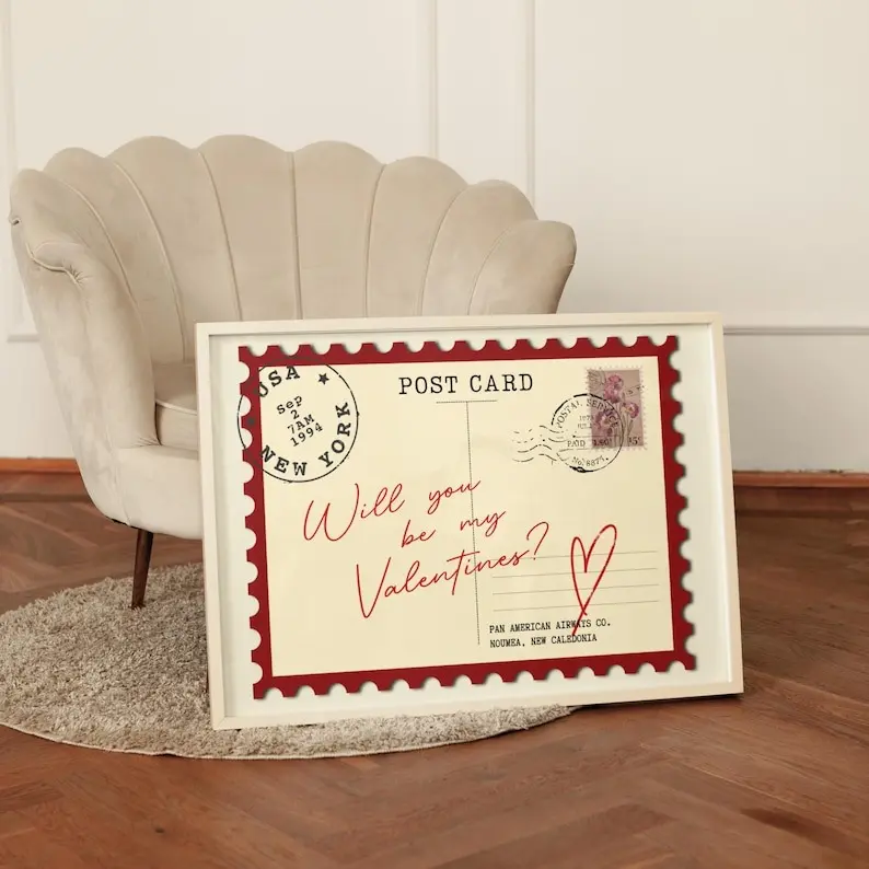 Will You Be My Valentine Poster, Vintage Postcard Love Print, Romantic Valentine Wall Art, Couple Gift Decor