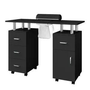 Manicure Table with Dust Collector,42" Nail Desk for Nail Tech with Lockable Wheels,4 Storage Drawers, Arm Rest,Acetone Resistant Top and Storage Cabinet Black