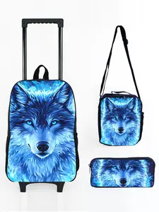 17-inch Rolling Backpack Set with Ice Snow Wolf Pattern Print