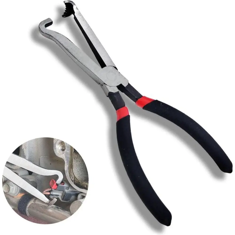 8in Rust-Resistant Heavy-Duty Carbon Steel Electrical Disconnect Pliers with Curved Rake Jaw, Black Handles, Silver Click-Type Clips – Terminal Remover Tool for Fuel Injectors, Automotive Workers