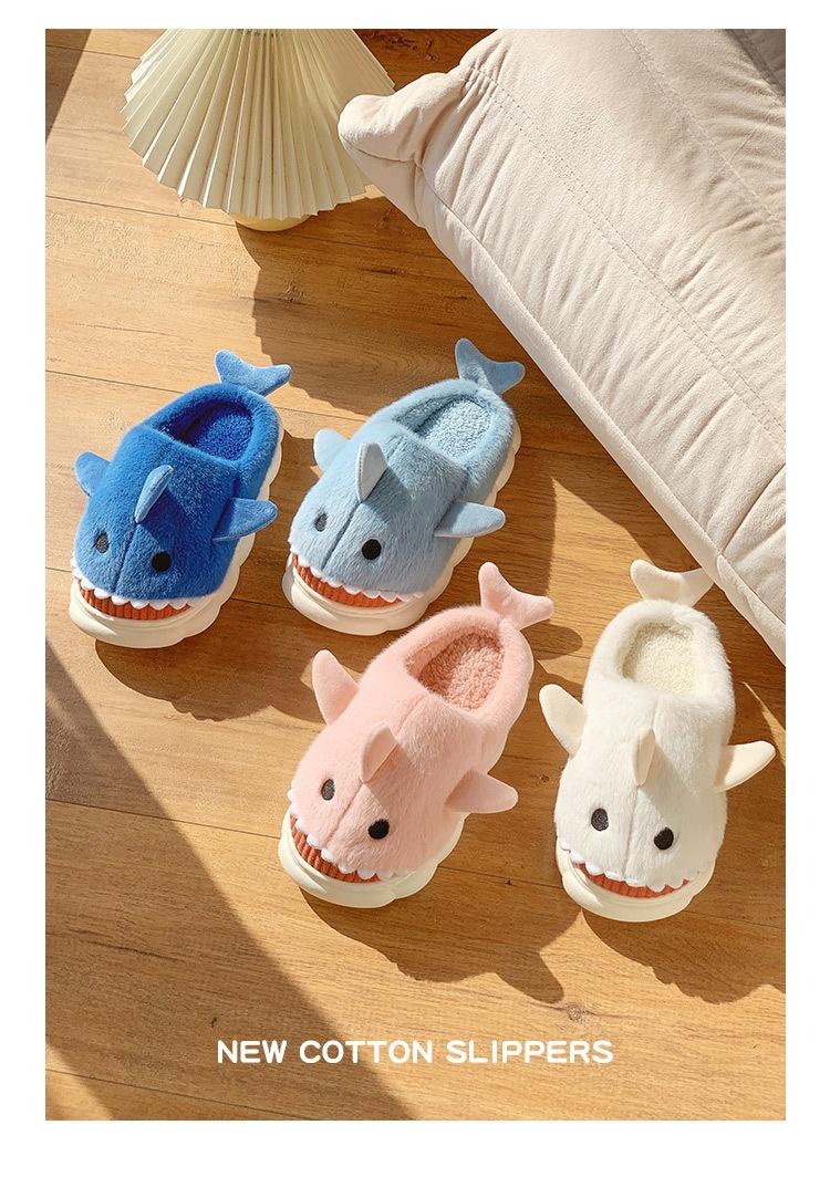 Cotton Slippers for Women Winter  Shark Cartoon Cute Fleece Lined Thick Anti-Slip Quiet Indoor Warm Cotton Shoes