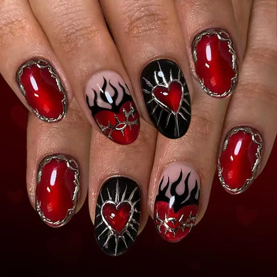 24pcs Love Design Red False Nail Red Short Oval Valentine's Day Nails Sets Press on Cat's Eye Almond Fake Nails Gilded Manicure