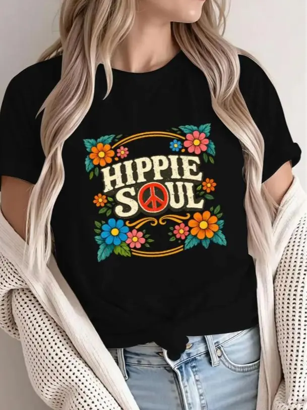 Women's Basic Round Neck Short-Sleeve Hippie T-Shirt - Breathable Fabric, Comfortable Fit, Streetwear Style, Ideal Gift for Flower Power Enthusiasts
