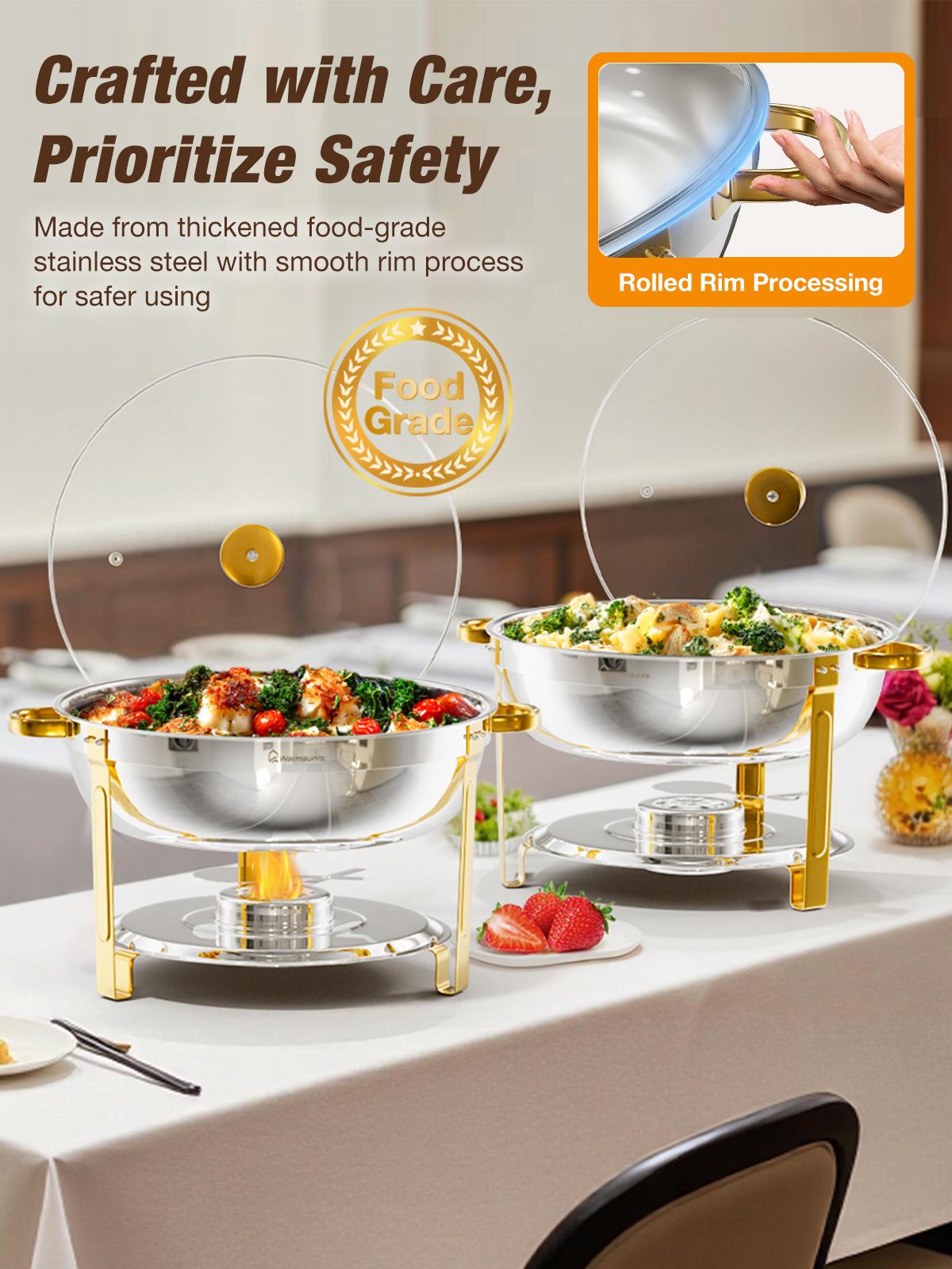 WARMOUNTS 8QT Gold Chafing Dishes for Buffet with Glass Lid , Round Chafers and Buffet Warmers Set with Mirror-Polished Stainless Steel, Rolled Rim, Stackable, Lid Holder for Parties, Weddings, Easter, Gatherings (2/4 Packļ¼ WARMOUNTS 8QT Gold Chafing Dishes for Buffet with Glass Lid , Round Chafers and Buffet Warmers Set with Mirror-Polished Stainless Steel, Rolled Rim, Stackable, Lid Holder for Parties, Weddings, Easter, Gatherings (2/4 Packļ¼