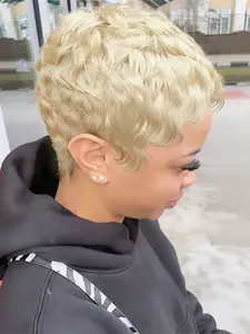 Pixie Cut Human Hair Wigs Burgundy, Machine Made Short Straight Layered Wig for Women, Natural, Daily Party Cosplay Gift Use