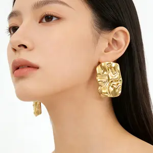 Stainless steel rectangular irregularly wrinkled 18k earrings with a simple geometric design for women