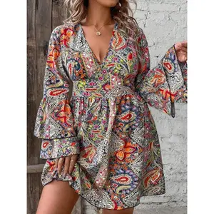 [Plus Size] All Over Paisley Print Ruffle Trim Flounce Sleeve Dress, Boho Deep V Neck Long Sleeve A Line Dress for Vacation Holiday Wedding Guest, Women's Clothes for Fall & Winter, Dresses for Women Womenswear Bohemian