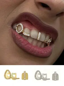 2pcs Women's Fashion Grillz Set, Water Drop Design Copper Material Micro Inlaid Zirconia, Plated Jewelry for Music Festivals & Parties