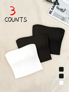 Women Solid Color Strapless Crop Tube Top (3 Counts), Slim Fit, Stretchy Soft Breathable Fabric with Camo Options, Perfect for Daily Outings, Lounging & Streetwear Looks