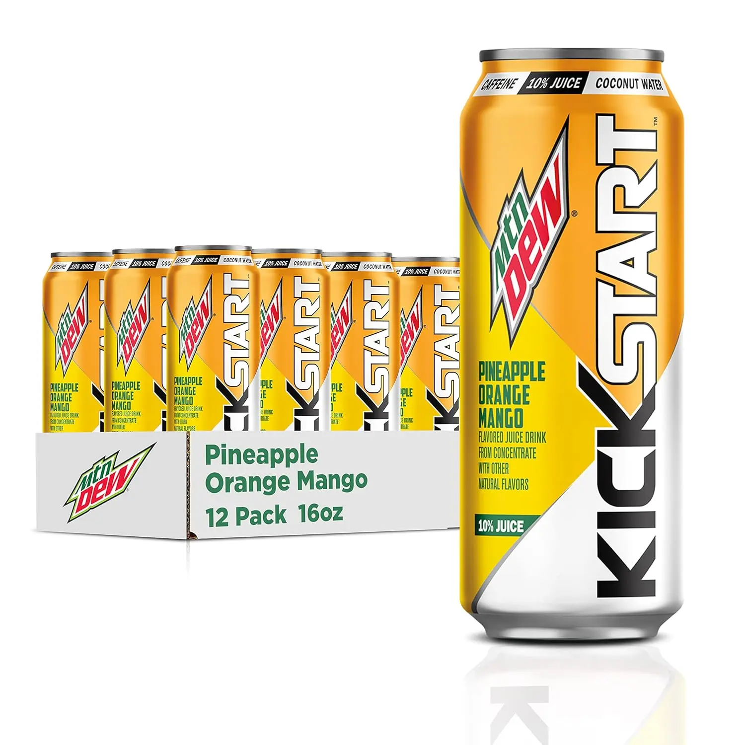 MountainDew Kickstart Pineapple Orange Mango Caffeinated Energy Drink - 90mg Caffeine, Vitamins B & C, 80 Calories, 10% Juice, 16 fl oz (Pack of 12)