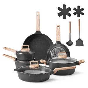 VEVOR 17 Piece Pots and Pans Set Nonstick,  , Granite Cookware Set, Induction Cookwares, Kitchen RV Cooking Sets with Frying, Sauce, Saute, Tempered Glass Lids, and Pan Protectors, Black