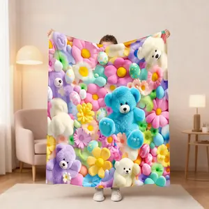Cute Plush Bear Blanket - Soft flannel bedspread, comfortable and warm, adorable printed bear pattern, perfect for camping and travel - Gift