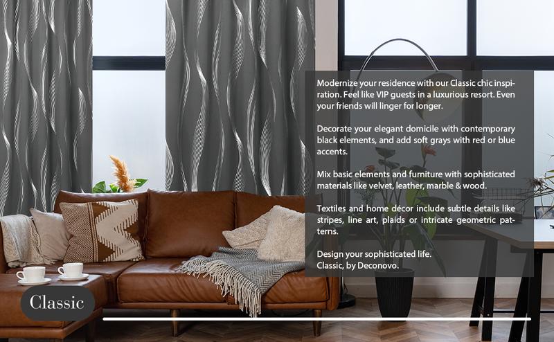 Blackout Curtains 2 panels, Deconovo Blackout Back Tab Silver Curved Wave Pattern Printed  Window Curtains for Living Room curtain