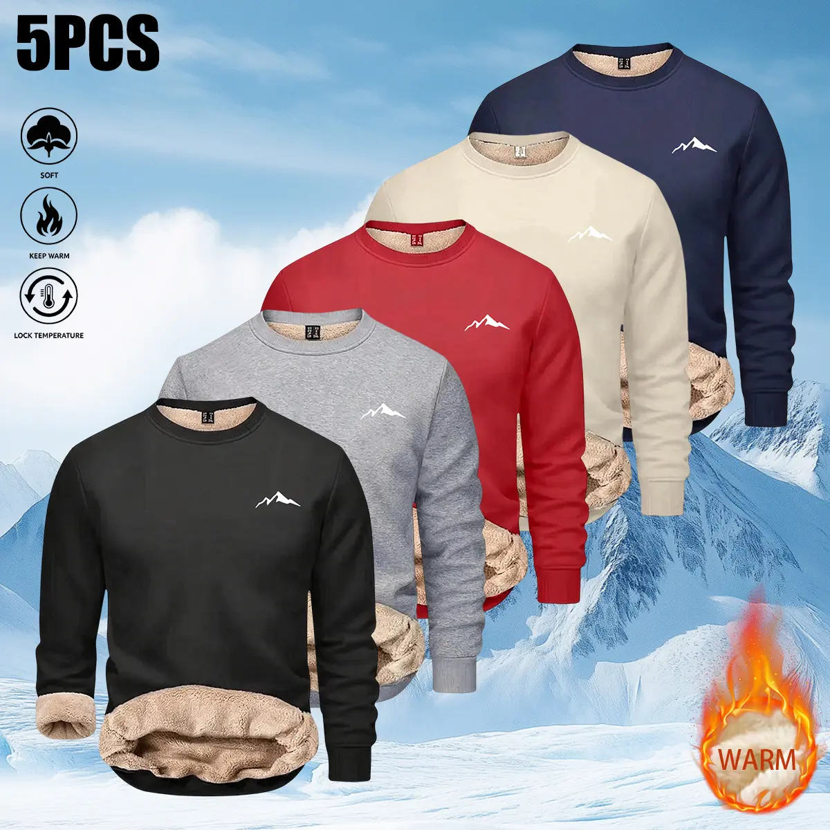 5-piece set of men’s fleece-lined, thick, warm sweatshirts for autumn/winter, solid color crew neck design, fashionable and versatile, men’s sweatshirts, menswear, men’s tops