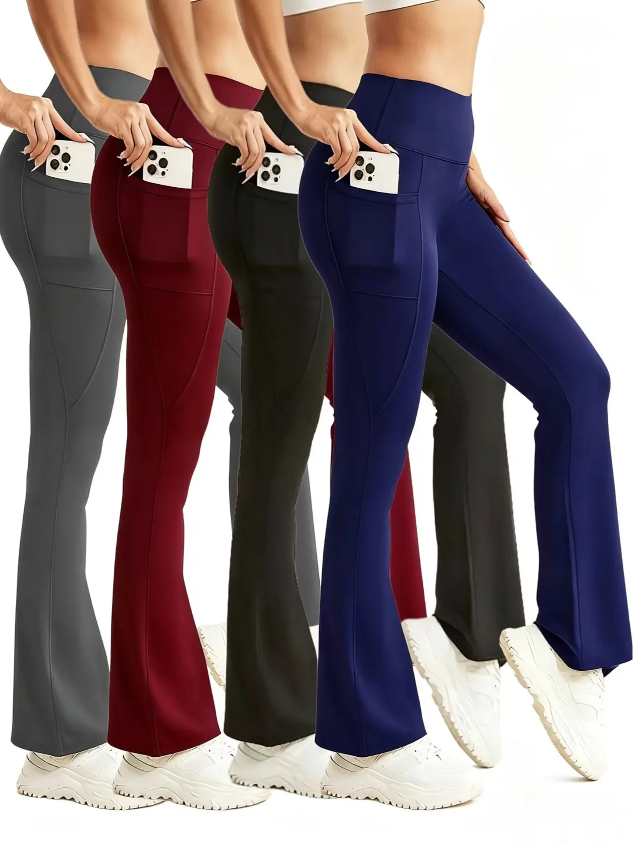 Women’s 4-pack fitted flared leggings with pockets – highly stretchy athletic fashion bottoms, basic casual wear for layering, can be worn on their own or paired with outerwear