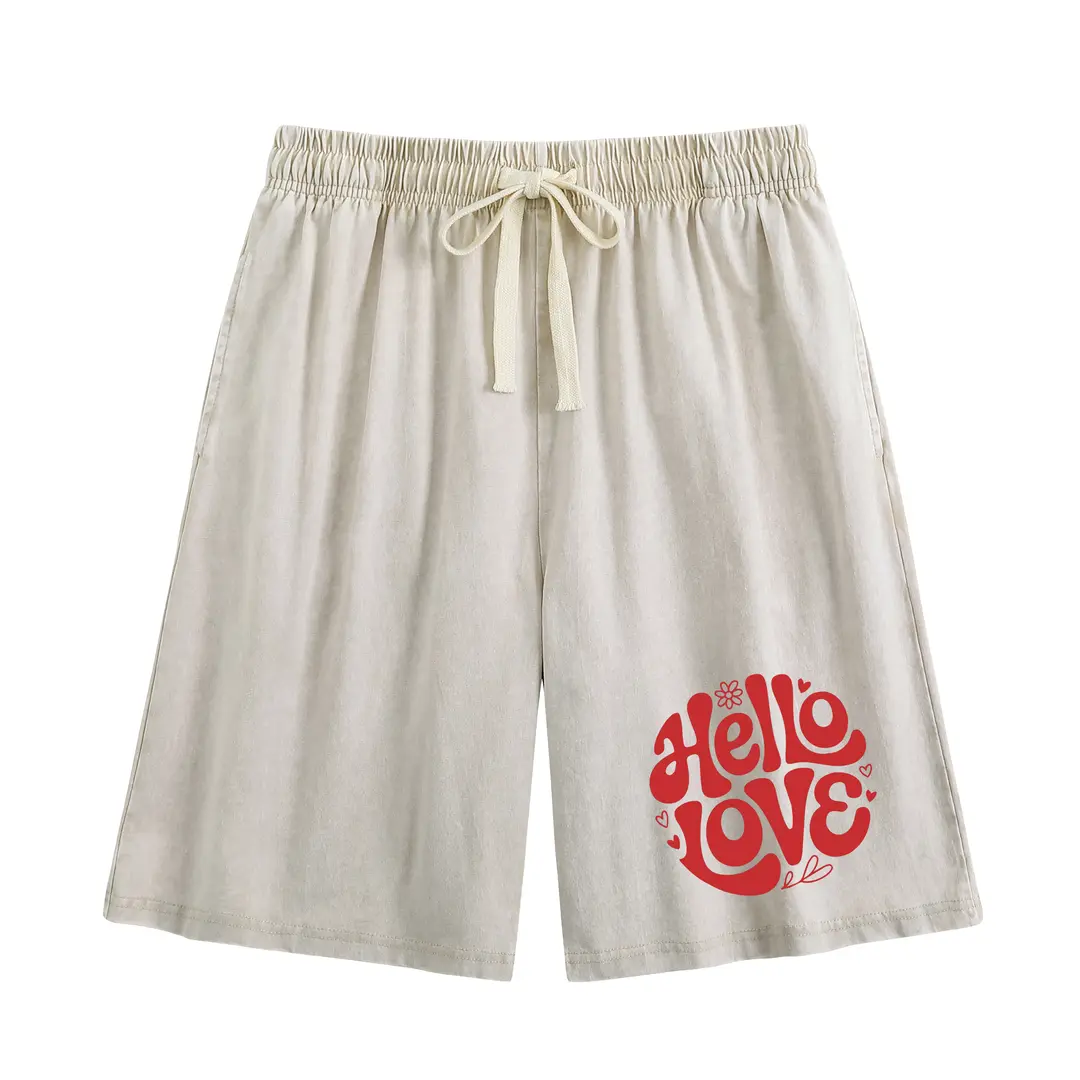 HarlyLand Women’s Cotton Graphic Chic Shorts, "Hello Love" Letter Print Casual Bottoms with Heart Detail, Drawstring Waist, Pockets, Soft Loose Lounge Wear for Home, Everyday Outfits, Graphic Shorts, Fabric, Cloth Shorts