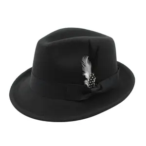 Flongo Classic Fedora Hats For Men Women Short Brim Felt Feather Hat Panama Dress Hat