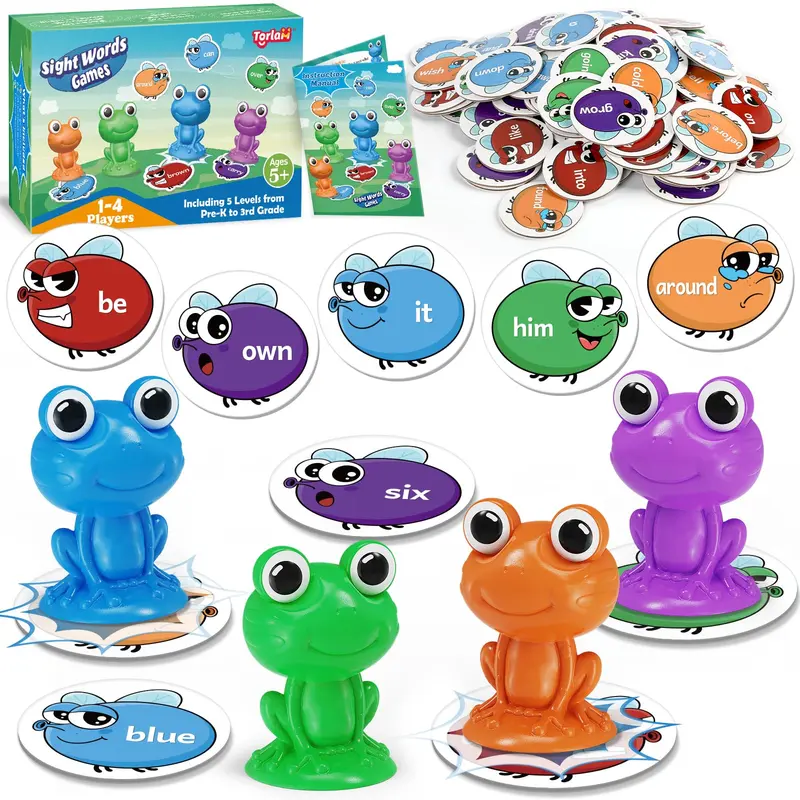 Torlam Colorful Frog Stomp Sight Word Spelling Game Set - Laminated Flash Cards, Plastic Frogs, 220 Dolch Words, Interactive Educational Toys, Homeschool & Classroom Teaching Supplies, Cool Gifts for Kids Ages 5+