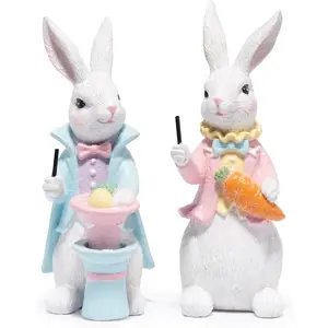 Easter Bunny Figurines Set, Whimsical Holiday Decor, Resin Tabletop Ornaments for Indoor Home Decoration, 2 Piece