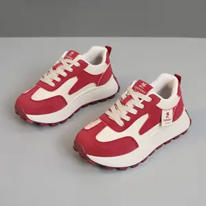 Women's Red & White Retro Chunky Sneakers, Casual Lace-Up Platform Trainers, Comfortable Street Style Shoes #ChunkySneakers
