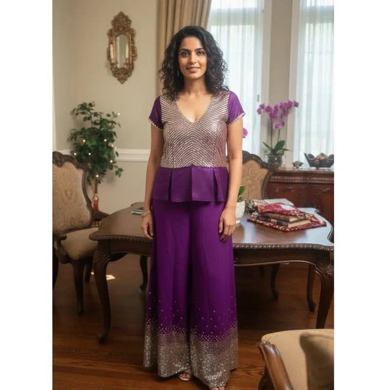 Fancy  Zari Sequence Work Palazzo pant  Blouse with Dupatta purple Color Fashionable Dress Womenswear