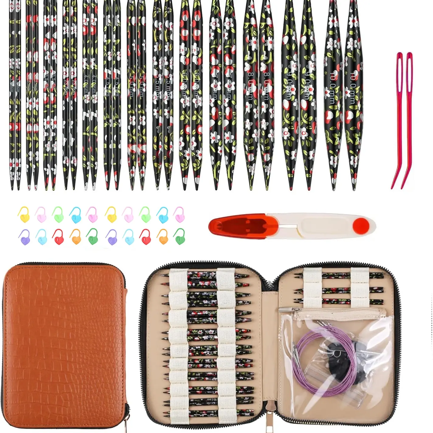62pcs Professional Interchangeable Circular Knitting Needles Set - 13 Pairs Metal Tips (3-10mm), Multi-Size Cables, Case | Knitting Supplies DIY Kit for Sweaters/Socks, Interchangeable Knitting Needles