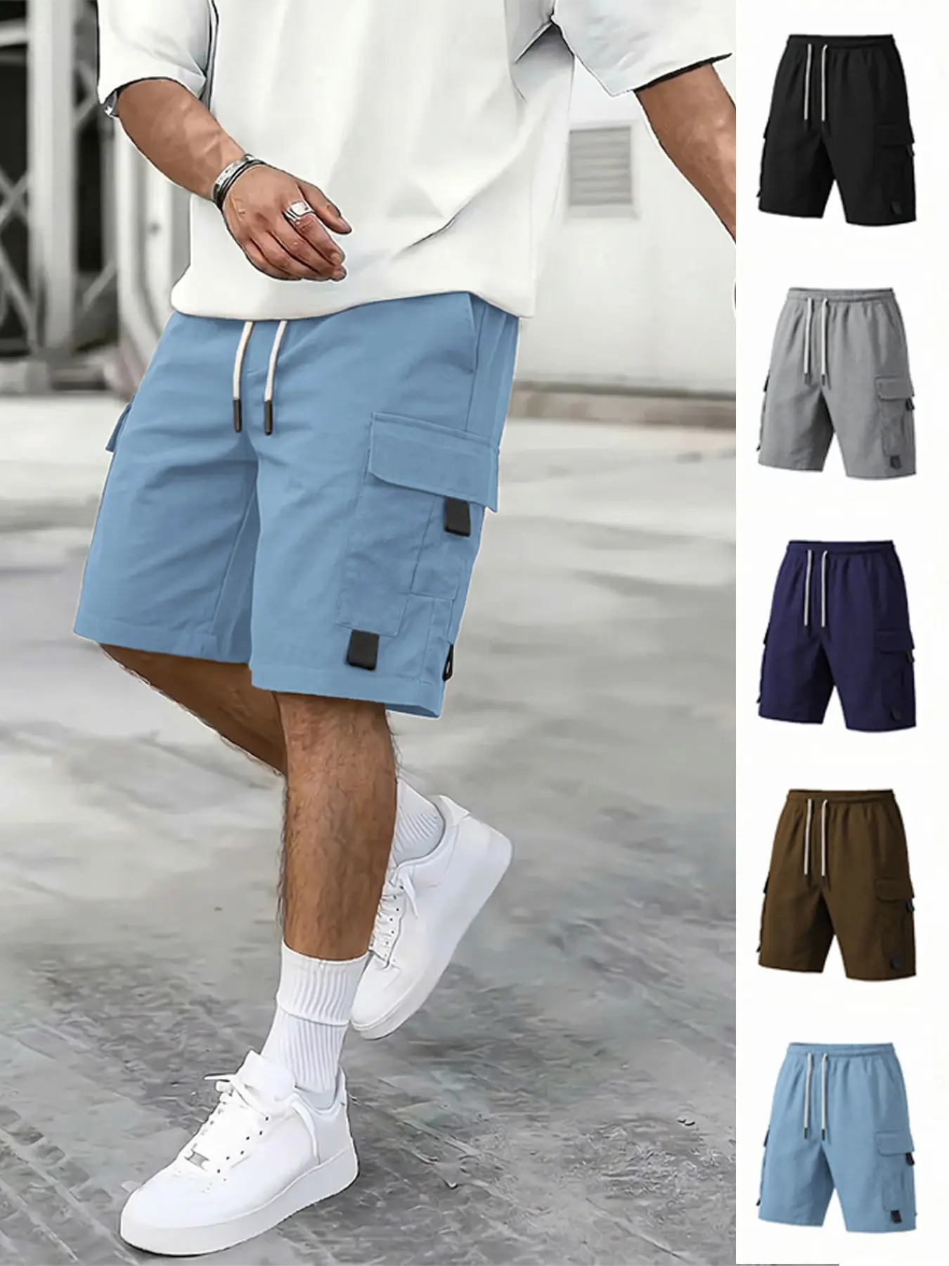 Men's Solid Color Casual Cargo Shorts, Relaxed Mid-Rise Straight Leg with Multi Pockets and Drawstring Waist, Comfortable and Breathable for Summer Daily Wear