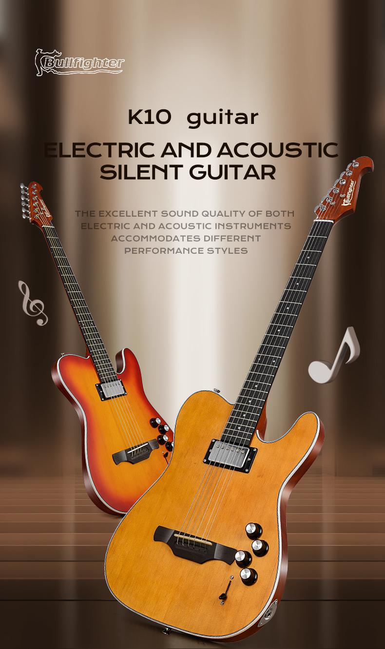 Bullfighter K10 Hybrid Silent Guitar – 2-in-1 Acoustic & Electric Modes, Built-in Chorus & Reverb Effects, Solid Maple Body, Lightweight & Portable – Perfect for Home Practice, Travel, and Stage Performance