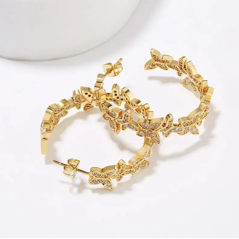18K Gold Plated Butterfly Cubic Zirconia Hoop Earrings, Chunky Hoop for Women