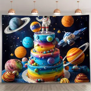 Glam Durable Polyester Galactic Space-Themed Decorative Cake Backdrop Banner, 1pc with Astronaut & Planets - Indoor Photo Wall for Birthdays, Parties - No-Power-Needed Textile Decor