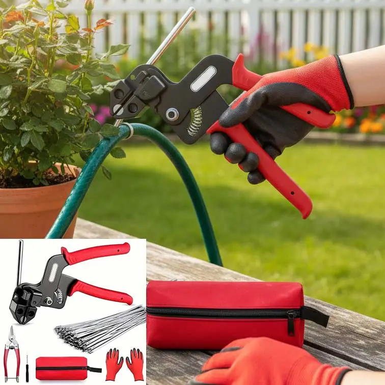 Premium Metal Zip Tie Gun Kit, UV-Proof Stainless Steel Metal Cable Ties, Ergonomic Red Handle Pliers, Protective Gloves & Storage Case, Multipurpose Fastening Tool for Farm, Patio, Garden & Household Use