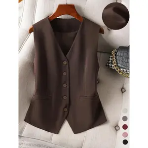 Women's Solid V Neck Button Vest Blazer, Casual Plain Color Waistcoat for Work Office Business, Ladies Spring & Fall Clothes