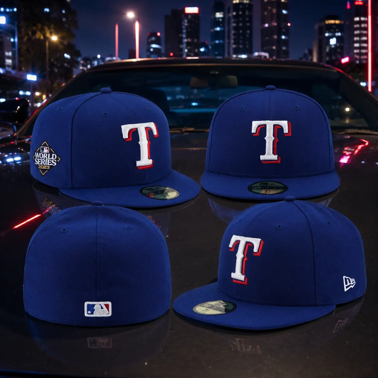 New Era Texas Rangers 59FIFTY Fitted Hat | Royal Blue World Series 2023 Side Patch Flat Brim Baseball Cap