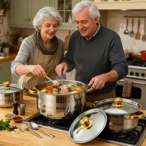 A complete set of kitchen cookware, with a full range of specifications and capacities. It features a stable bottom for even heat conduction, heat-resistant top beads, and is suitable for various cooking scenarios.