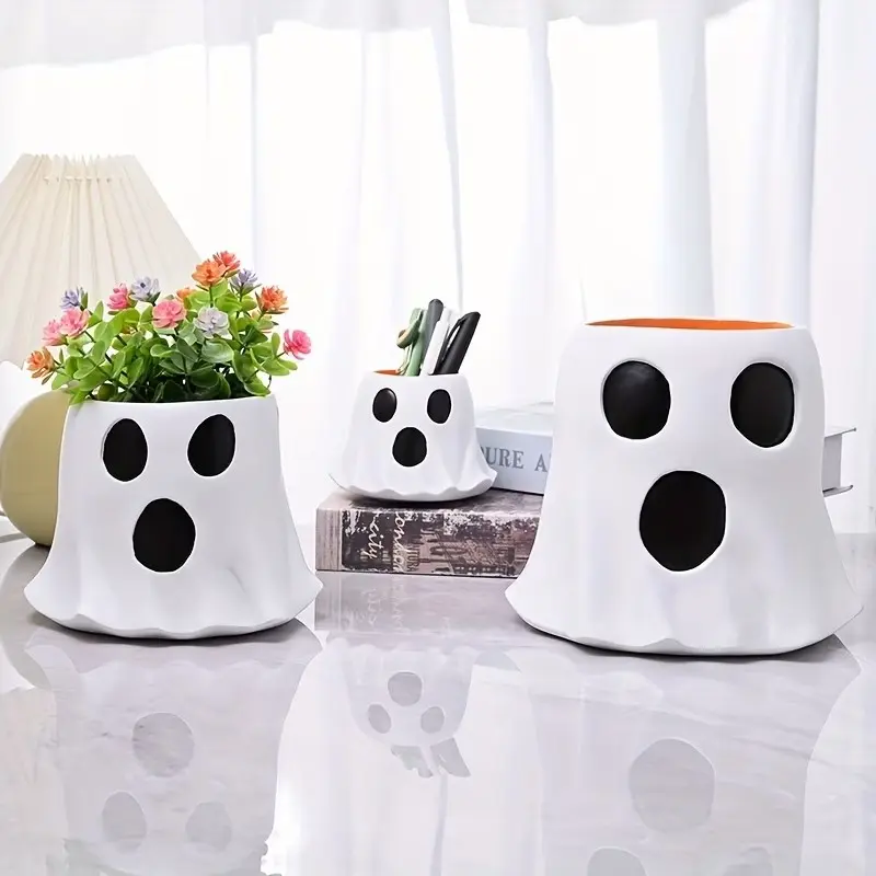 Halloween Ghost Flower Pot Set, Decorative Flower Pot, Cute Garden Decor, Charming Vase, Desktop Freshener, Adorable Pen Candy Storage Box, Home Decor, Cute Plant Pots