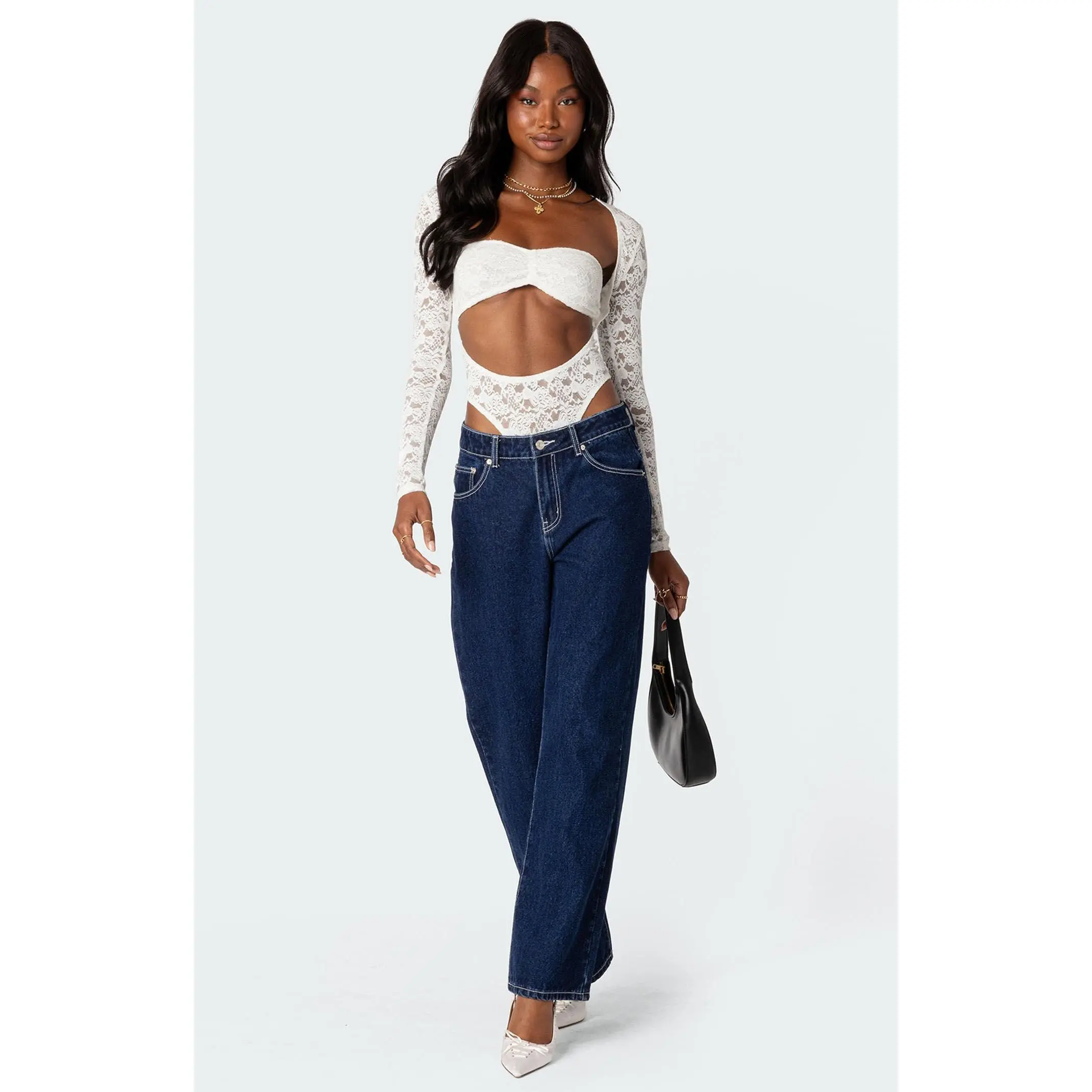 Edikted Women's Zoey Sheer Lace Two Piece Bodysuit