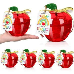 6 Sets Teacher Appreciation Gifts Plastic Apple Containers Red Apple Shaped Candy Jar with Thank You Cards Ruler Ribbon Raffia for Teacher Appreciation Week Graduation Party Decorations