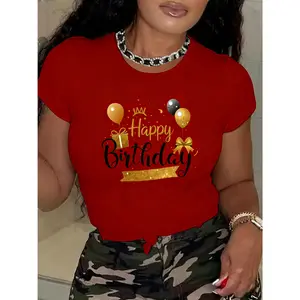 Women's 100% Pure Smooth Cotton Oversized Graphic Printed Short Sleeve T-Shirt - Round Neck, Birthday Elements & Balloon Gift Print, Casual Elegant Romantic Summer Top, Ideal for Commuting, Vacation, Multiple Colors Available