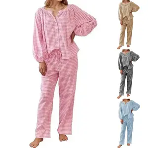 Women’s gingham pajama set, 2-piece cotton plaid long-sleeve button-up top with straight-leg pants; cozy loungewear sleepwear