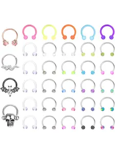 Fashionable 34 Pcs Colorful Diverse Piercing Jewelry Set Acrylic 16G Surgical Steel Horseshoe Nose Septum Rings for Women Men Bat Septum Piercing Cartilage Helix Daith Tragus Earrings Hoops Lip Eyebrow Rings Horseshoe Piercing Retainer