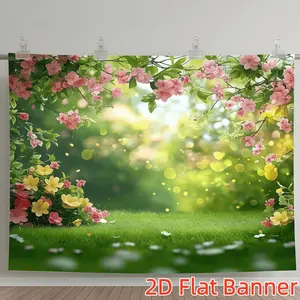 1PC,2D Flat Customize Backdrop Spring Romantic Flower Lawn Backdrop, Dreamy Garden Green Grass Themed Decorative Curtain, Party Event Photography Background Wall, Birthday Wedding Festival Scene Decora